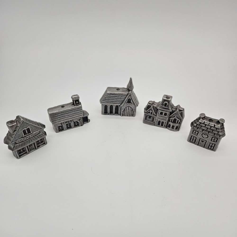 Vintage Carson Pewter Village Set Of 5 Reversible Buildings 1980's